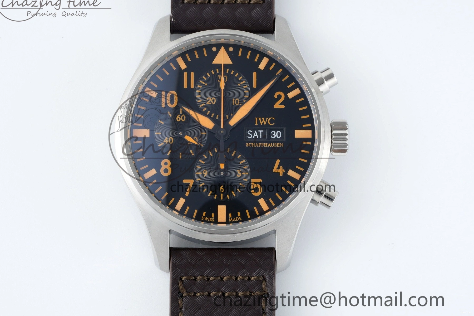 MIROTIME 0509 Pilot Chrono SS AZF 1:1 Best Edition Black Dial Orange Markers on Brown Leather Strap A EasyCare 7065